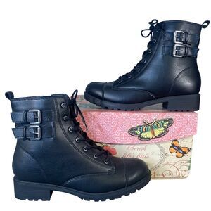 Wonder Nation Black Lace-Up Ankle Boots Faux Leather Womens Size 6